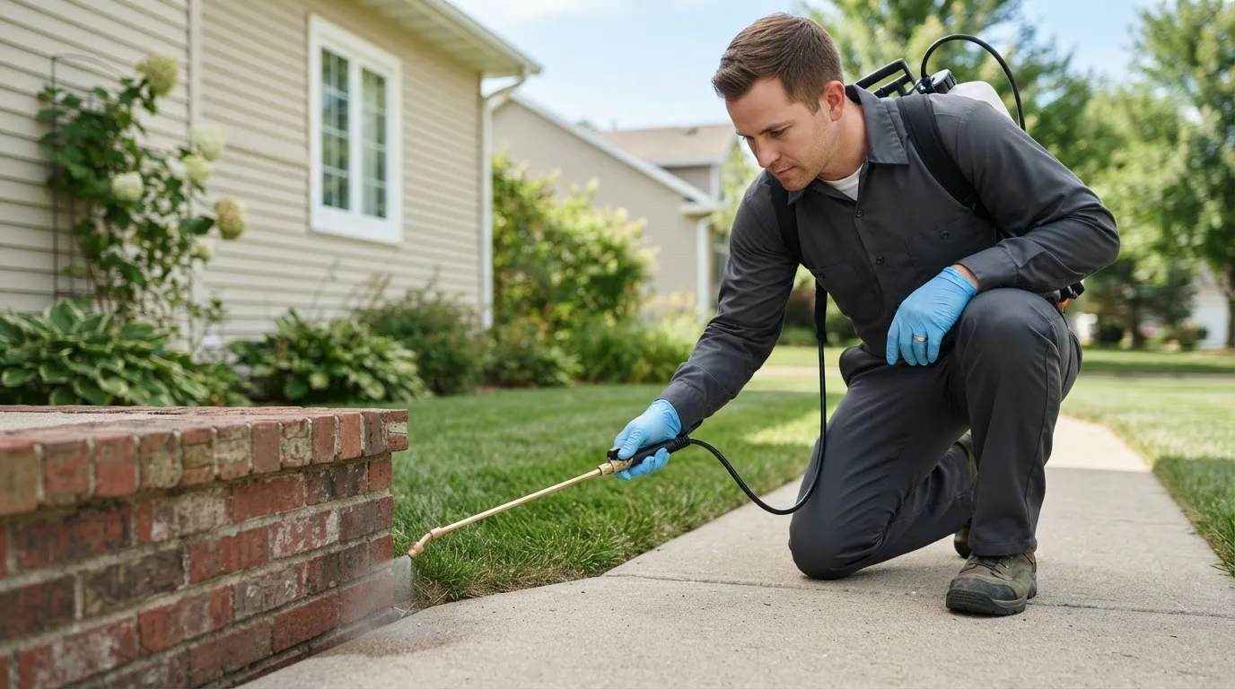 Pest control technician treating a home near Waukesha, WI